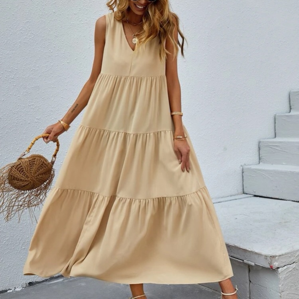 Boho V neck ruffle hem maxi dress khaki - Picture 2 of 5